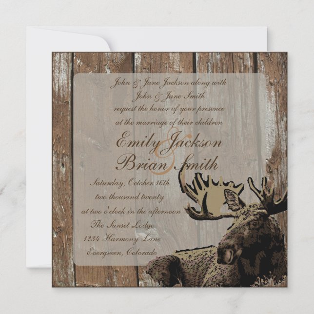 Rustic wood moose square wedding invitations (Front)
