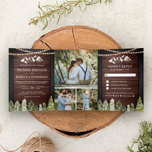Rustic Wood Mountain Forest Photo Collage Wedding Tri_Fold Invitation
