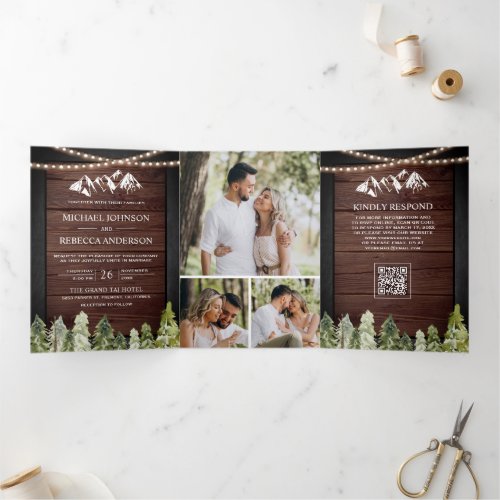 Rustic Wood Mountain Forest Photo QR Code Wedding Tri-Fold Invitation
