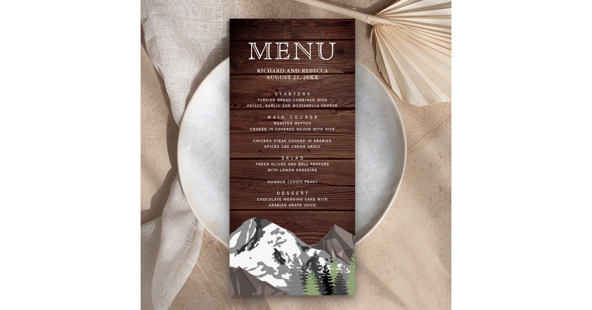 Rustic Wood Mountain Forest Wedding Menu | Zazzle