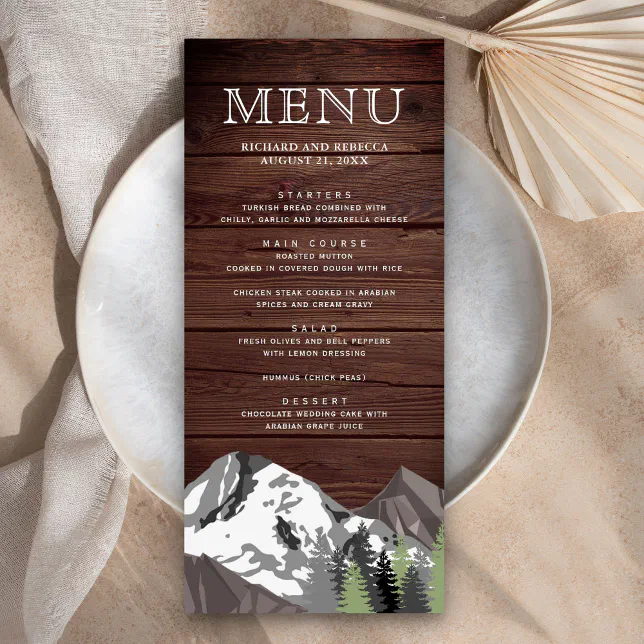 Rustic Wood Mountain Forest Wedding Menu | Zazzle