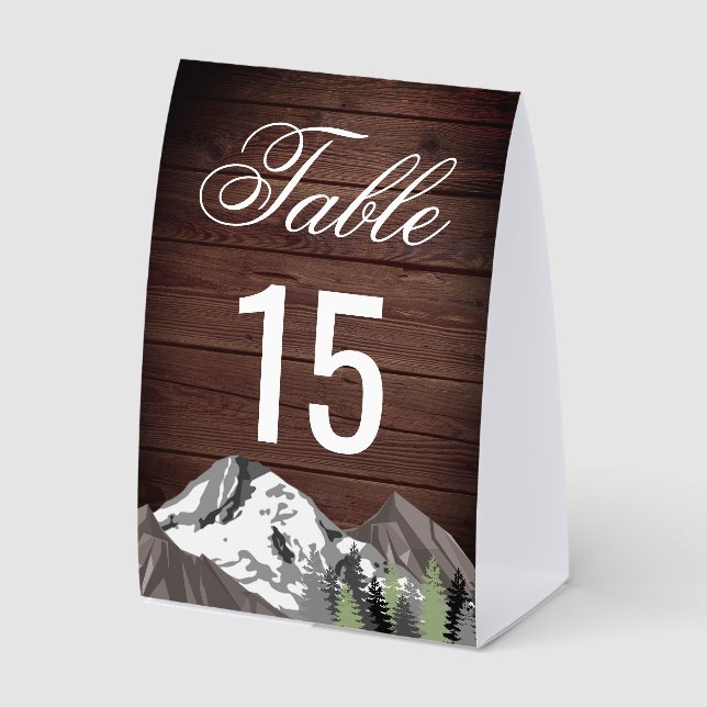 Rustic Wood Mountain Forest Wedding Table Number Paper Table Tent (Front)