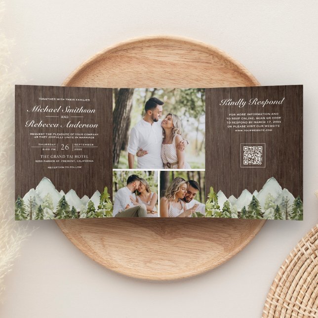 Rustic Wood Mountain Pine Forest QR Code Wedding Tri-Fold Invitation (Creator Uploaded)