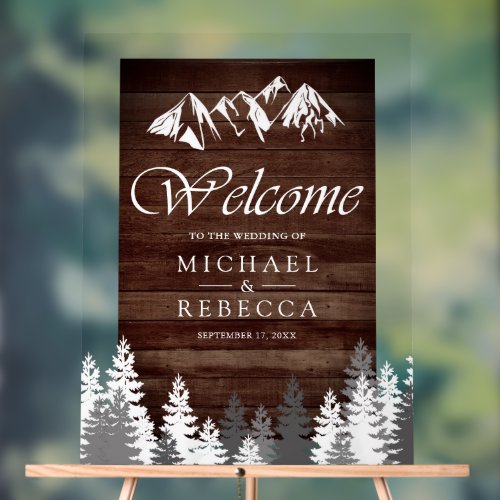 Rustic Wood Mountain Wedding Welcome Acrylic Sign