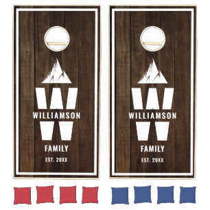 Rustic Wood Mountains Camping Monogram Family Name Cornhole Set