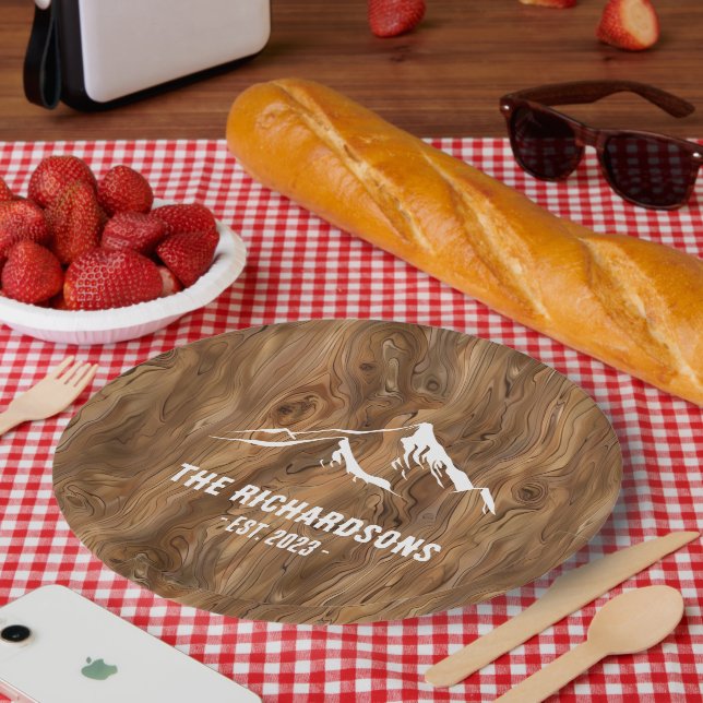 Rustic Wood Mountains Personalized Family Lake Ski Paper Plates (Picnic)