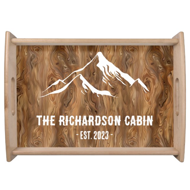 Rustic Wood Mountains Personalized Family Lake Ski Serving Tray (Front)