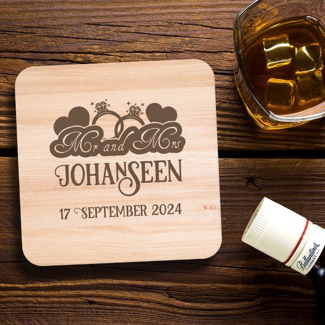 Rustic Wood Mr and Mrs Bride Groom Wedding Favor Square Paper Coaster (Creator Uploaded)