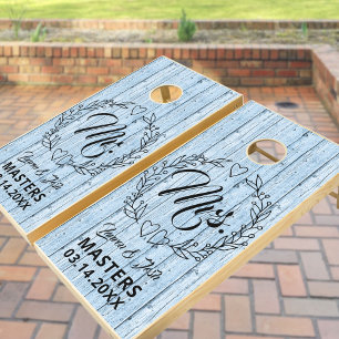 Rustic Wood Mr and Mrs Couples Blue Cornhole Set
