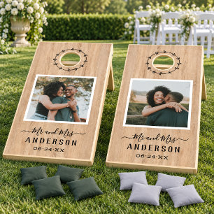 Rustic Wood Mr and Mrs Photo Wedding Cornhole Set