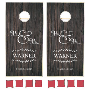Rustic Wood Mr and Mrs Script Personalized Wedding Cornhole Set
