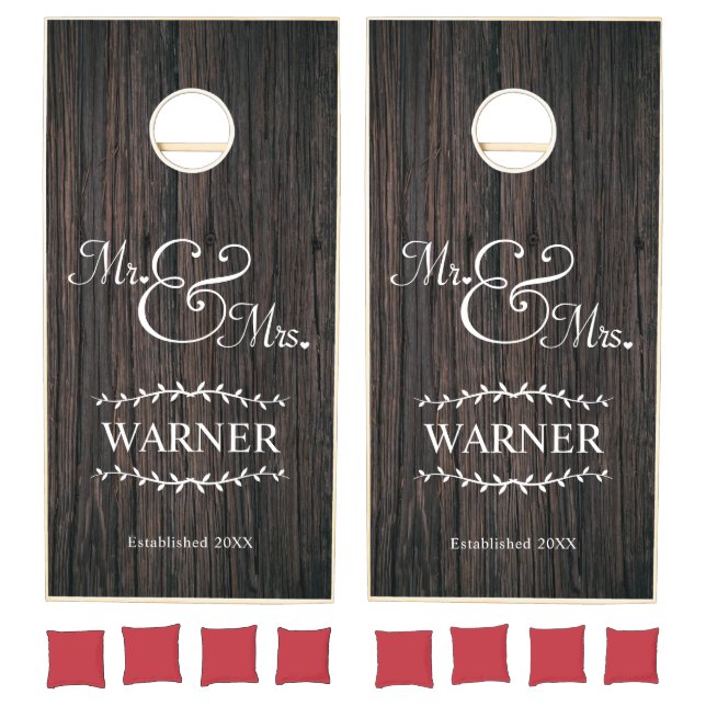 Rustic Wood Mr and Mrs Script Personalized Wedding Cornhole Set (Set)