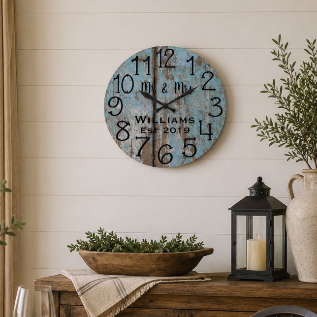 Rustic Wood Mr and Mrs Wedding Anniversary Large Clock (Creator Uploaded)
