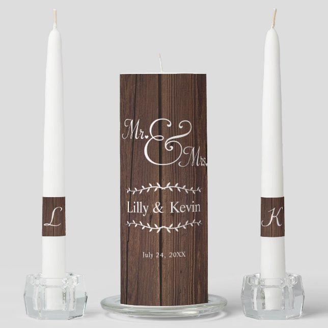Rustic Wood Mr. & Mrs. Custom Wedding Unity Candle Set (Front)