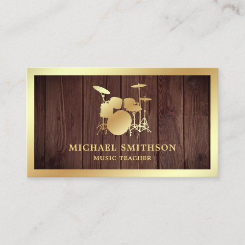 Rustic Wood Music Teacher Gold Drum Kit Drummer Business Card