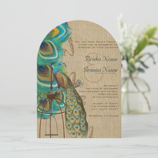 Rustic Wood Musical Peacock Bird Cage Feather Invitation (Standing Front)