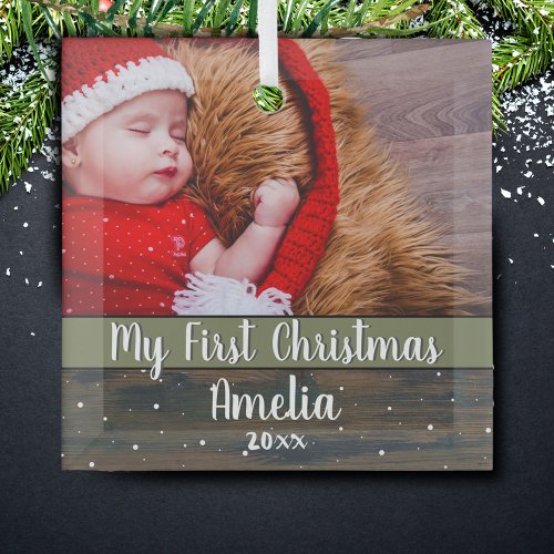 Rustic Wood My First Christmas Baby Photo Glass Ornament
