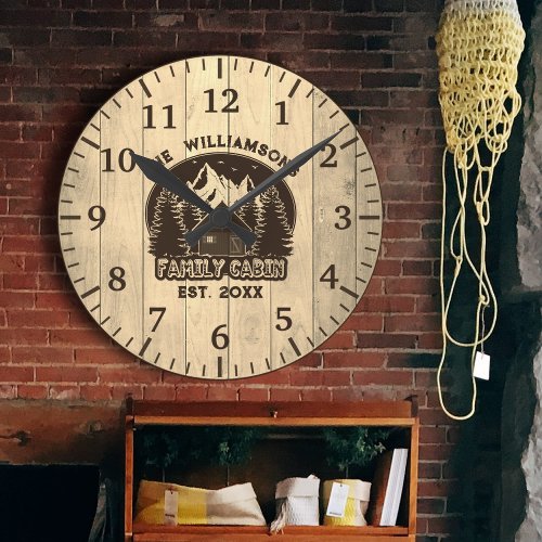 Rustic Wood Nature Family Cabin Brown Name Reunion Round Clock