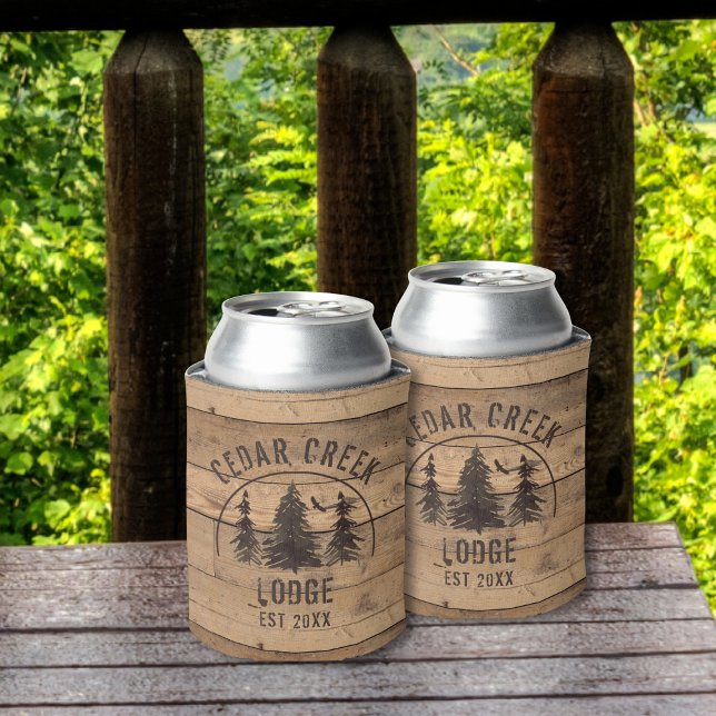Rustic Wood Nature Trees Cabin Lodge Personalized Can Cooler (Creator Uploaded)