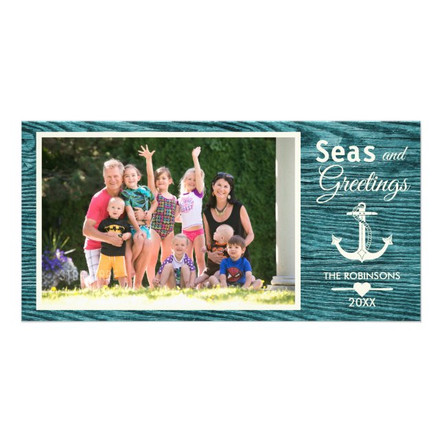 Rustic Wood Nautical Anchor Family Christmas Photo Card (Front)