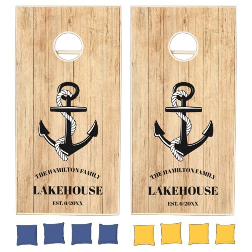 Rustic Wood Nautical Anchor Family Lakehouse Cornhole Set