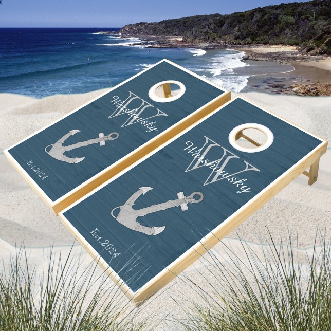 Rustic Wood Nautical Blue Anchor Monogram Cornhole Set (Creator Uploaded)