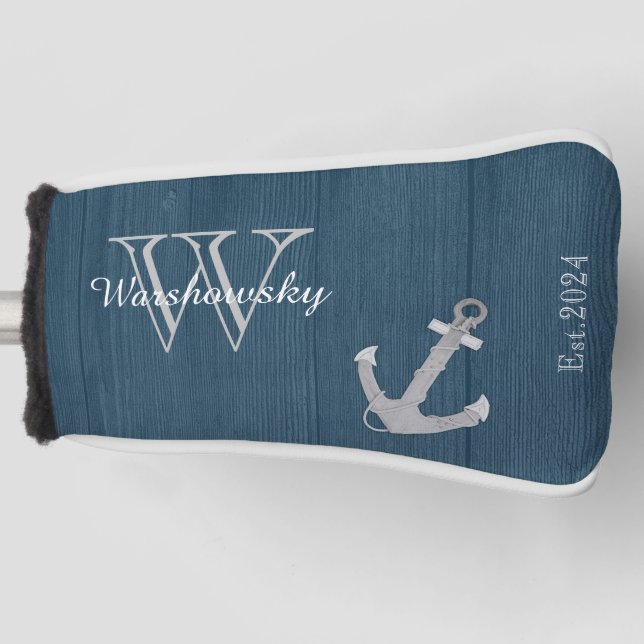 Rustic Wood Nautical Blue Anchor Monogram   Golf Head Cover (Front)