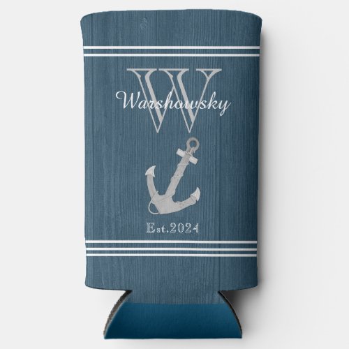 Rustic Wood Nautical Blue Anchor Monogram   Seltzer Can Cooler