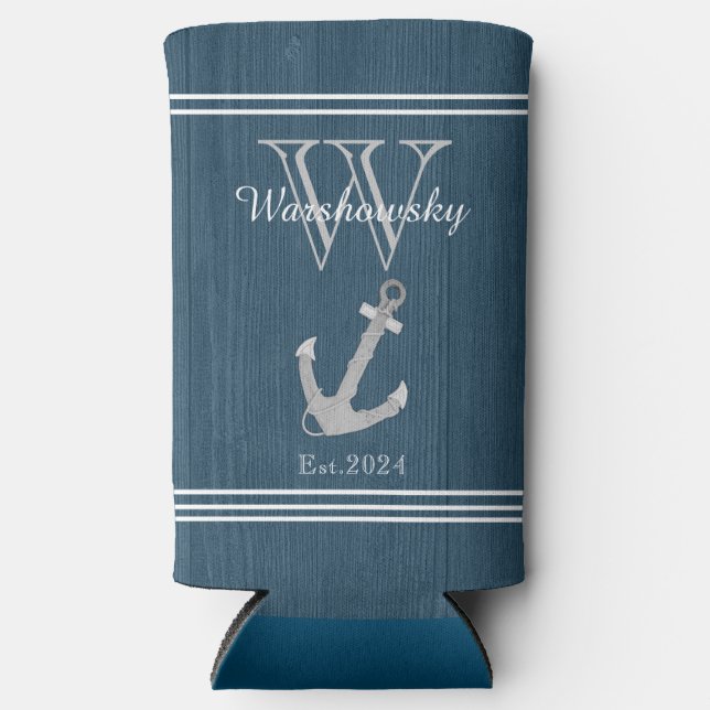 Rustic Wood Nautical Blue Anchor Monogram   Seltzer Can Cooler (Front)