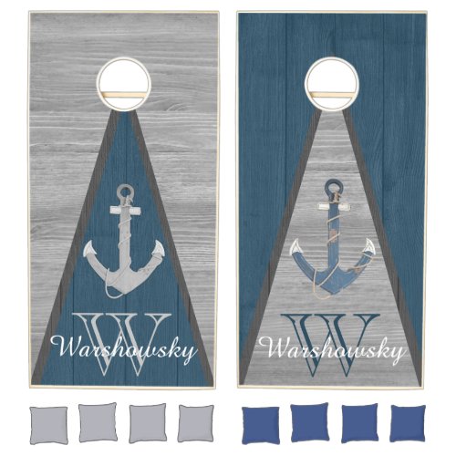 Rustic Wood Nautical Blue Anchor Monogram Triangle Cornhole Set
