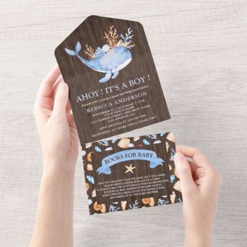 Rustic Wood Nautical Blue Whale Baby Shower All In One Invitation