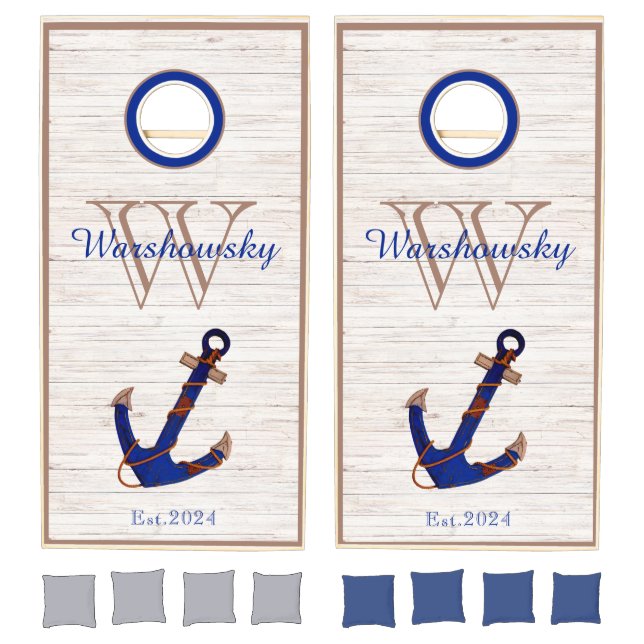 Rustic Wood Nautical Blue White   Cornhole Set (Set)