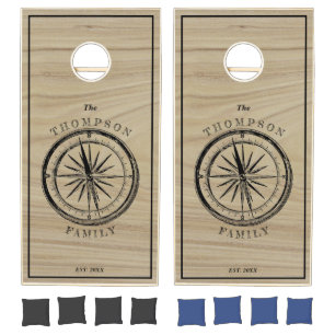 Rustic Wood Nautical Compass Beach House Cornhole Set