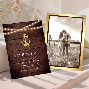Rustic Wood Nautical Gold Anchor Lights Wedding Save The Date