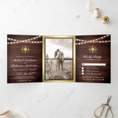 Rustic Wood Nautical Gold Compass Wedding Tri_Fold Invitation