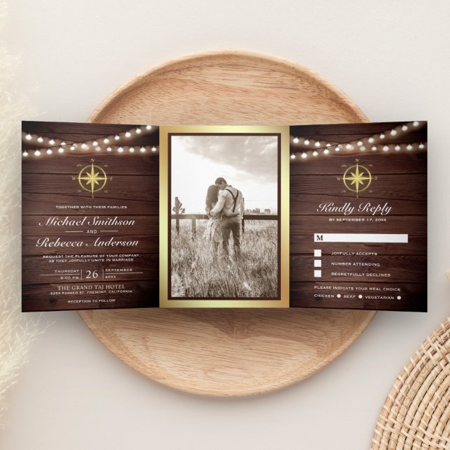 Rustic Wood Nautical Gold Compass Wedding Tri-Fold Invitation (Creator Uploaded)