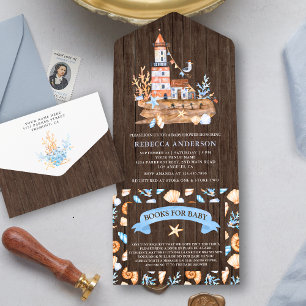 Rustic Wood Nautical Lighthouse Baby Shower All In One Invitation