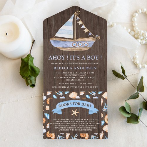 Rustic Wood Nautical Sailboat Baby Shower All In One Invitation