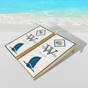 Rustic Wood Nautical Sailing Sailboat Blue White Cornhole Set