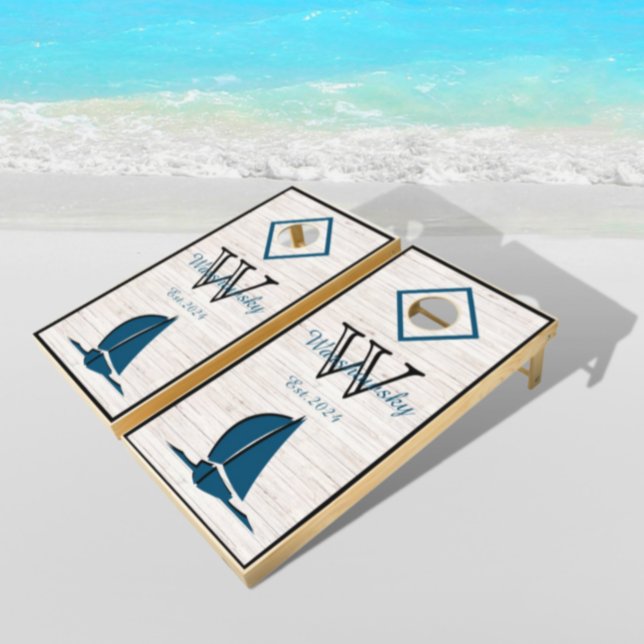 Rustic Wood Nautical Sailing Sailboat Blue White   Cornhole Set (Creator Uploaded)