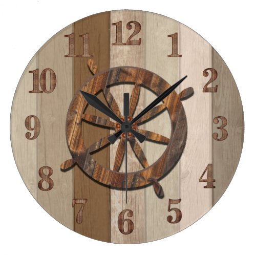 Rustic Wood Nautical Stripes &amp; Anchor  Large Clock