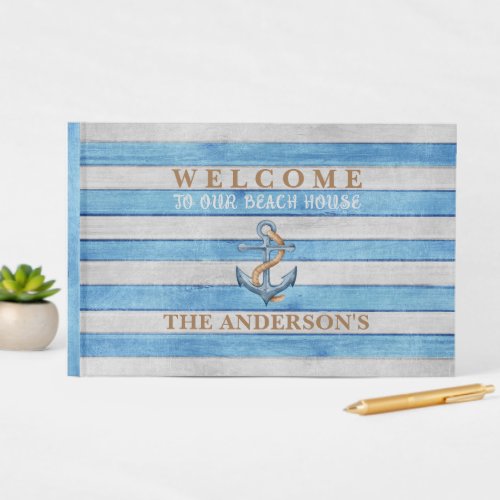 Rustic Wood Nautical Stripes Family Beach House Guest Book