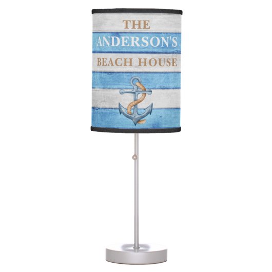 Rustic Wood Nautical Stripes Family Beach House Table Lamp (Front)