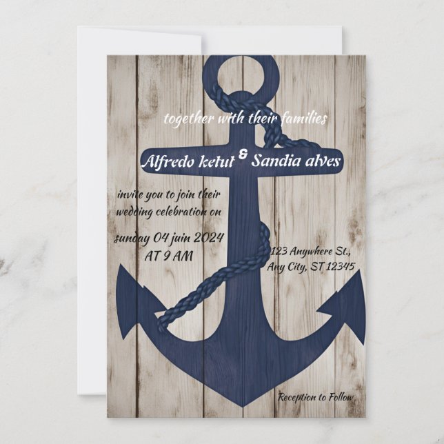 Rustic Wood Navy Blue Anchor Nautical Wedding  Invitation (Front)