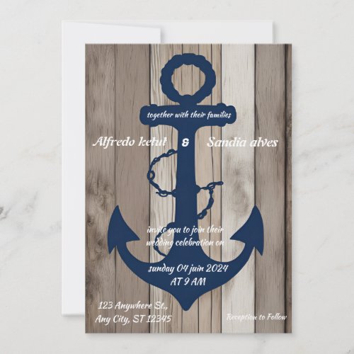 Rustic Wood Navy Blue Anchor Nautical Wedding  Invitation