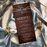Rustic Wood Navy Blue Anchor Nautical Wedding Menu<br><div class="desc">Elegant nautical theme wedding menu featuring a watercolor painted anchor and string lights with modern typography.</div>