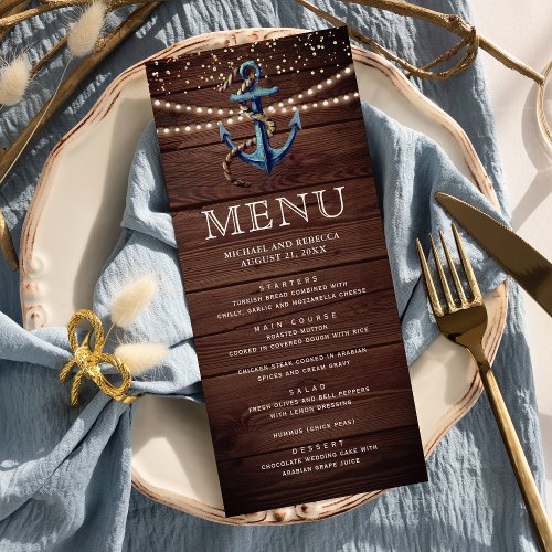 Rustic Wood Navy Blue Anchor Nautical Wedding Menu