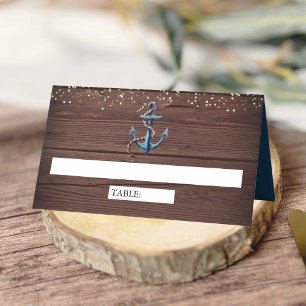 Rustic Wood Navy Blue Anchor Nautical Wedding Place Card