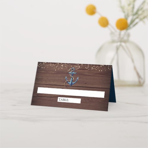 Rustic Wood Navy Blue Anchor Nautical Wedding Place Card