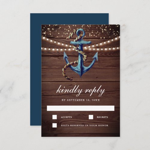 Rustic Wood Navy Blue Anchor Nautical Wedding RSVP Card